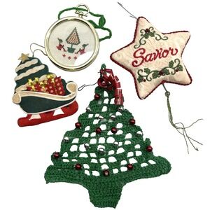 Vintage Lot Of 4 Homemade Christmas Ornaments Tree Star Sled Elves Crochet 1970s